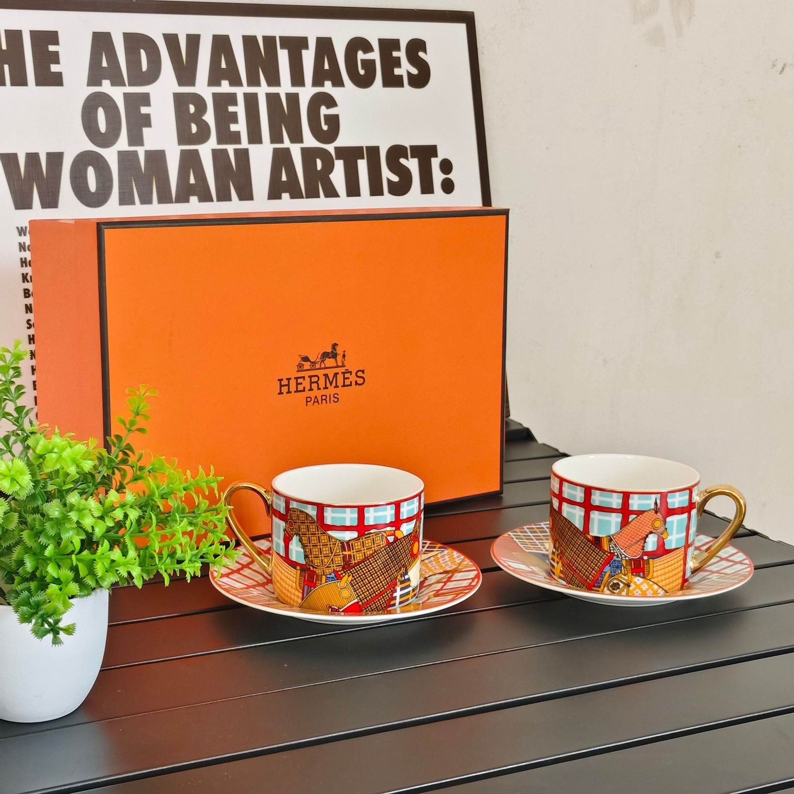 Hermes tea set of two cups with saucers - orange horses - Image 2 of 3
